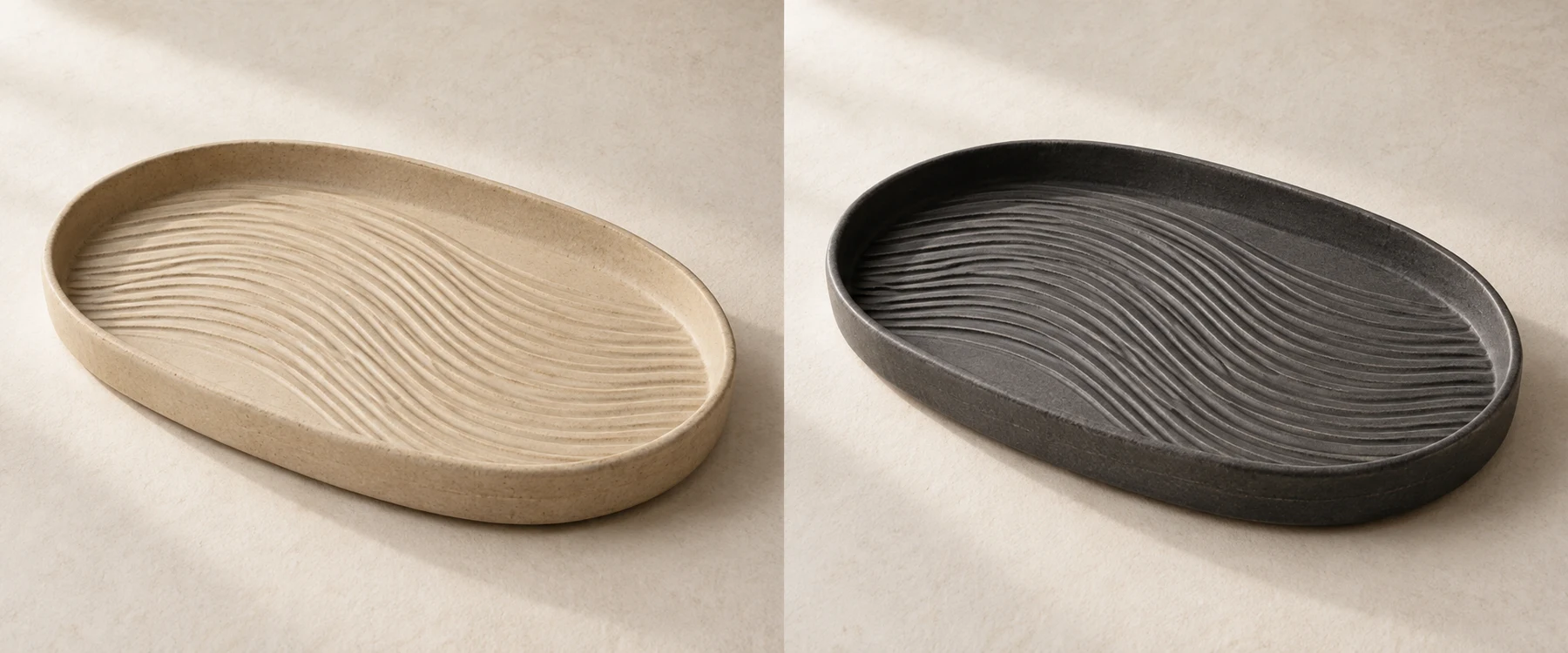 Dune Oval Tea Tray in Sand; parallel dune-like grooves