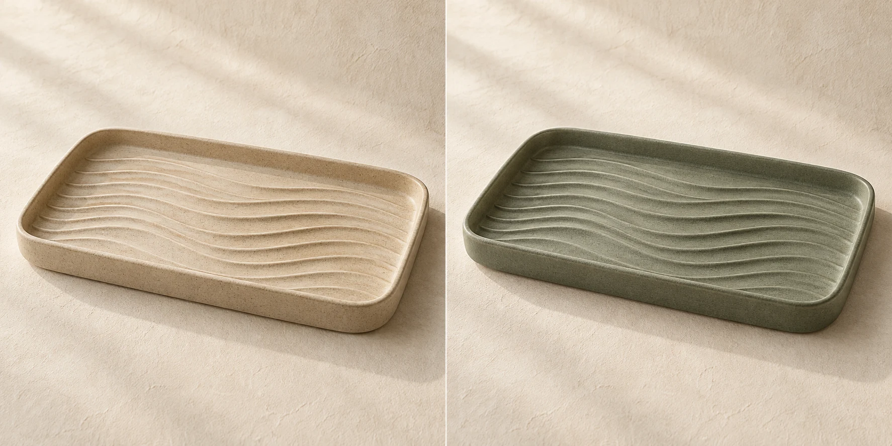 Horizon Tea Tray in Sand; horizontal layered shallow wave grooves