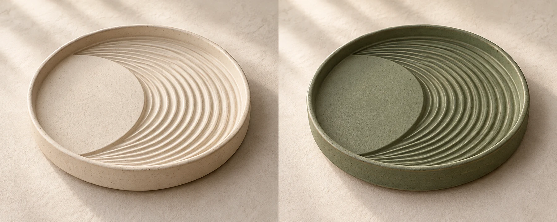 Moon Basin Tea Tray in Chalk; a flat crescent and curved raked grooves