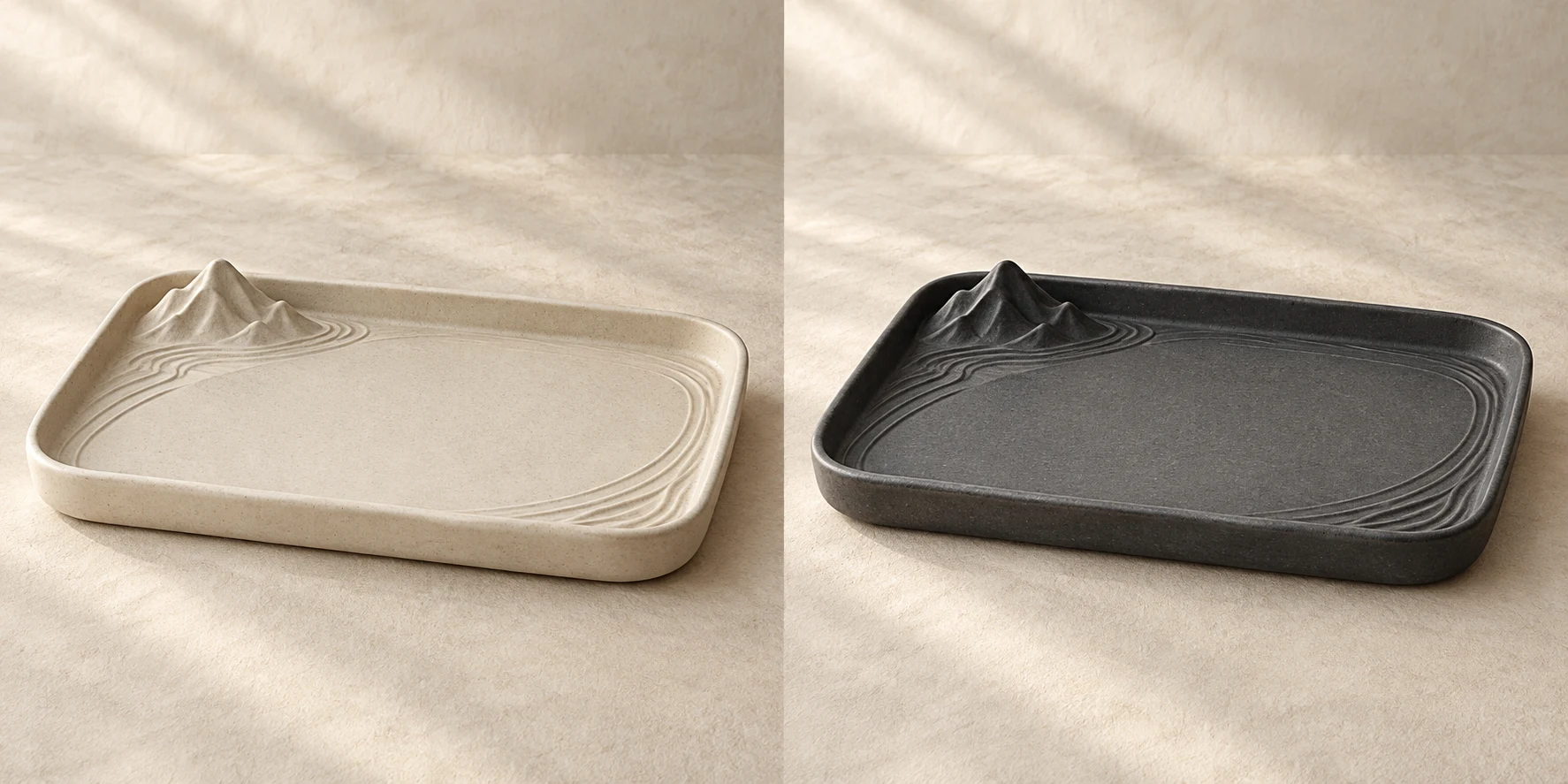 Mountain Court Tea Tray in Chalk; one fixed low mountain relief at the rear left with an open center and edge grooves