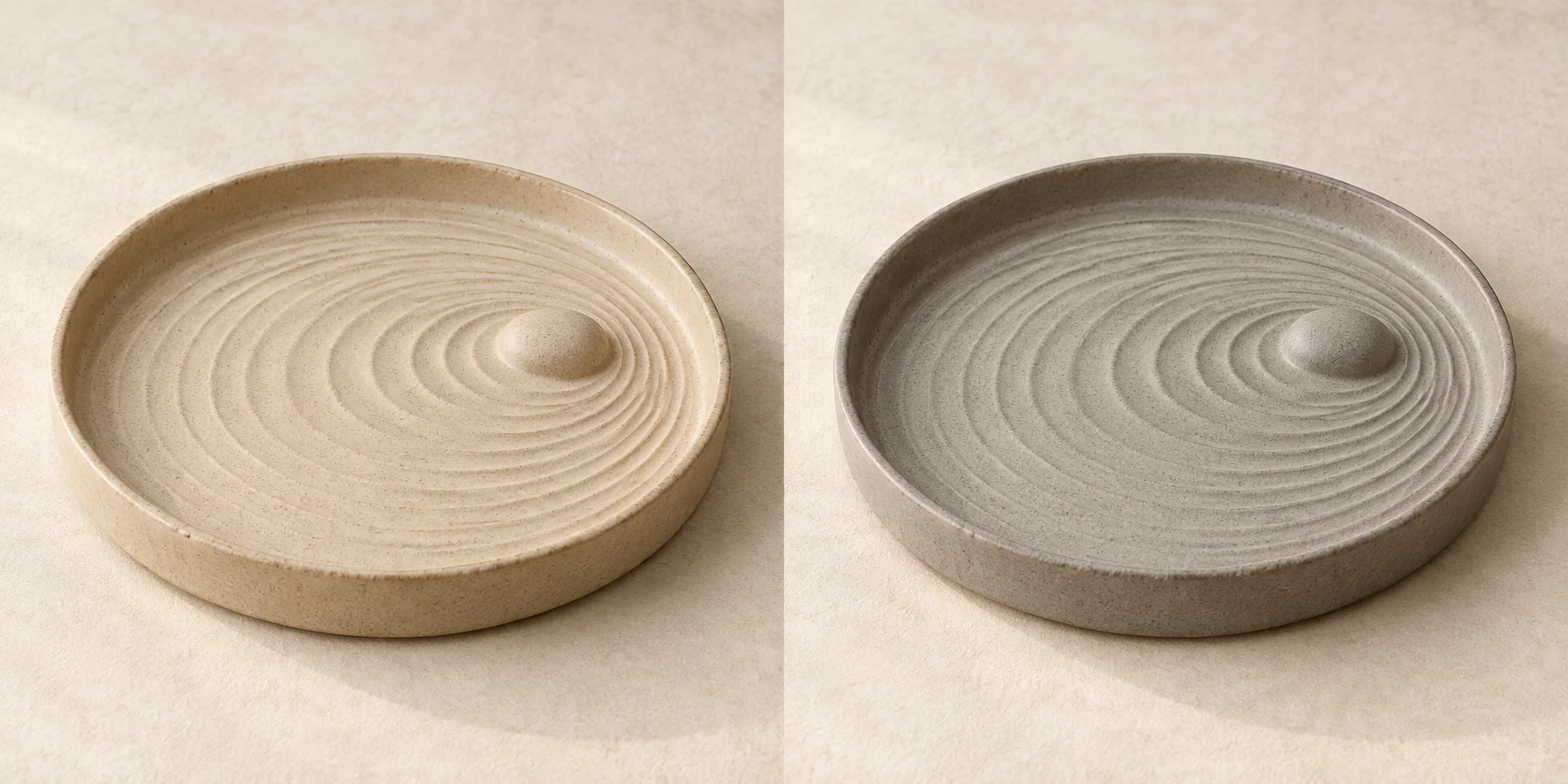 Pebble Ring Tea Tray in Sand; one off-center fixed pebble relief and ring grooves