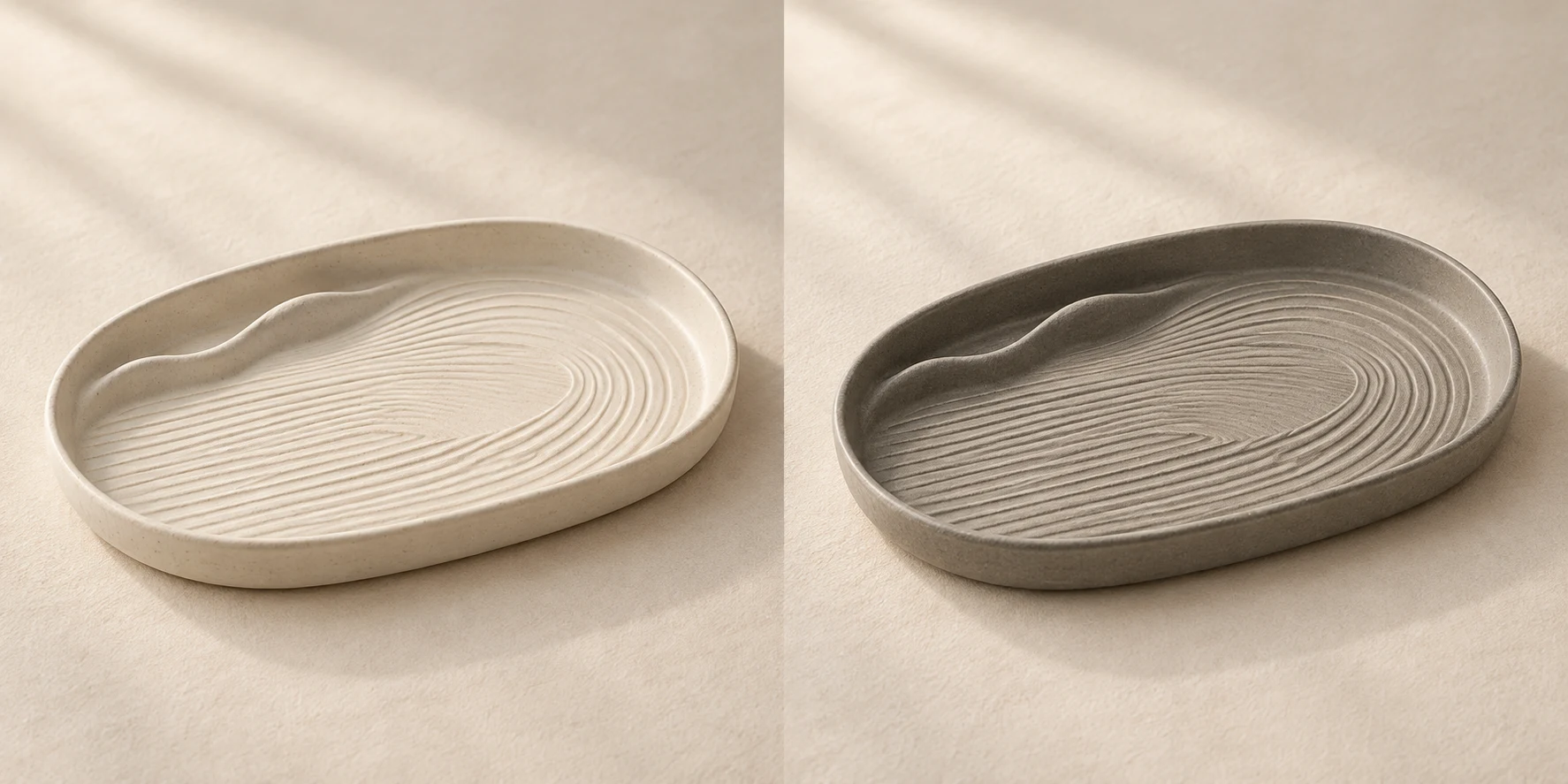 Quiet Shore Tea Tray in Chalk; one low shoreline ridge and long arc grooves