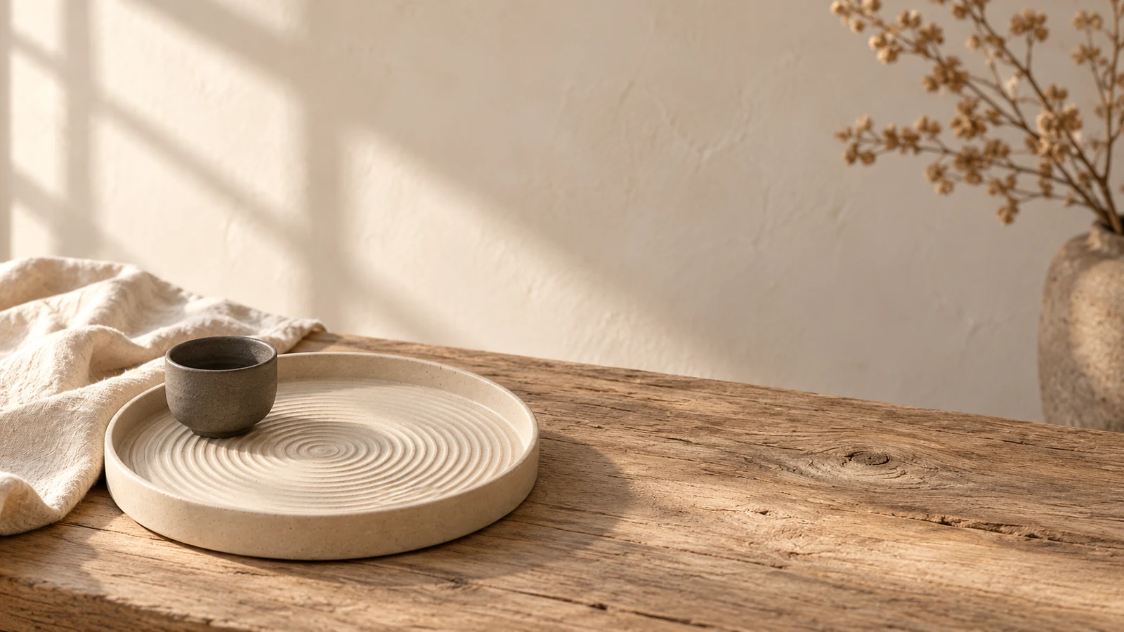 A quiet tea setting on a wooden table beside linen and a branch