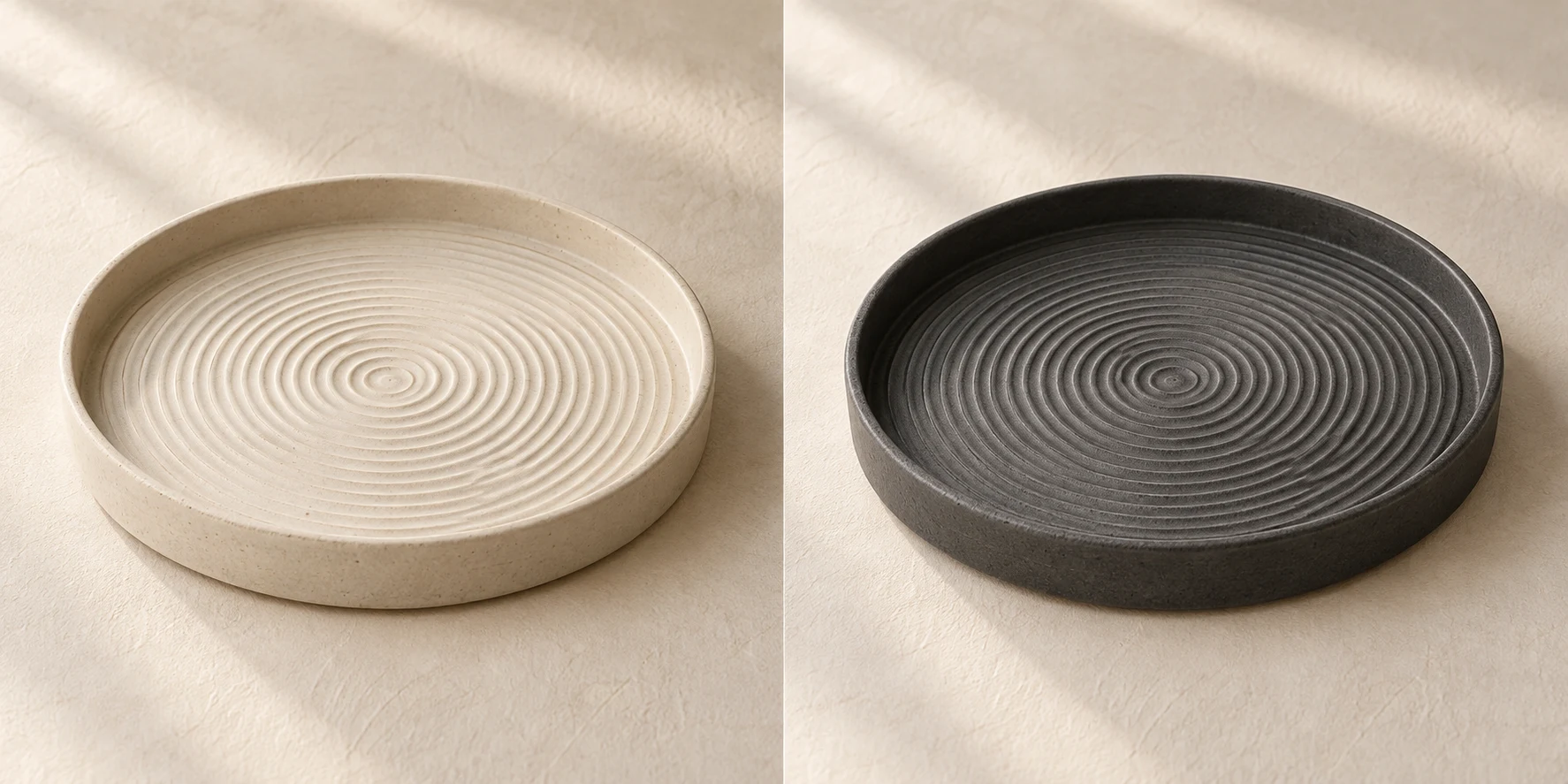 Stillwater Round Tea Tray in Chalk; concentric raked grooves